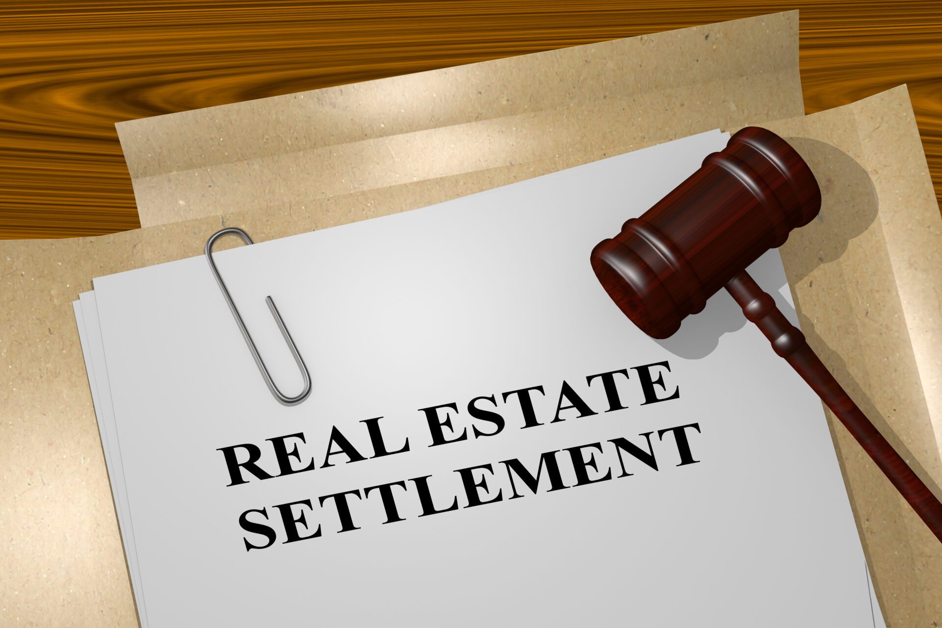3D illustration of "REAL ESTATE SETTLEMENT" title on legal document